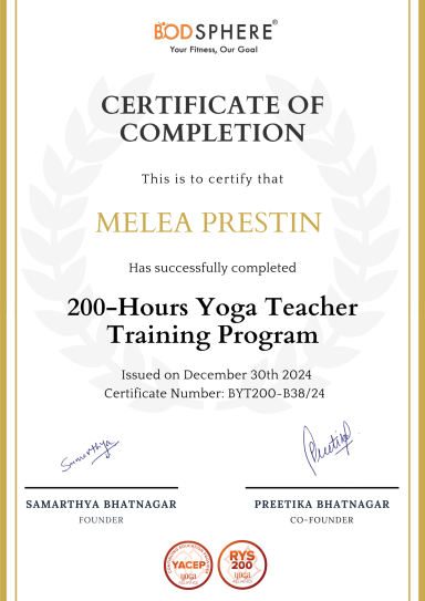 Zertifikat über den Abschluss des 200-Stunden-Yoga-Lehrer-Trainingsprogramms.