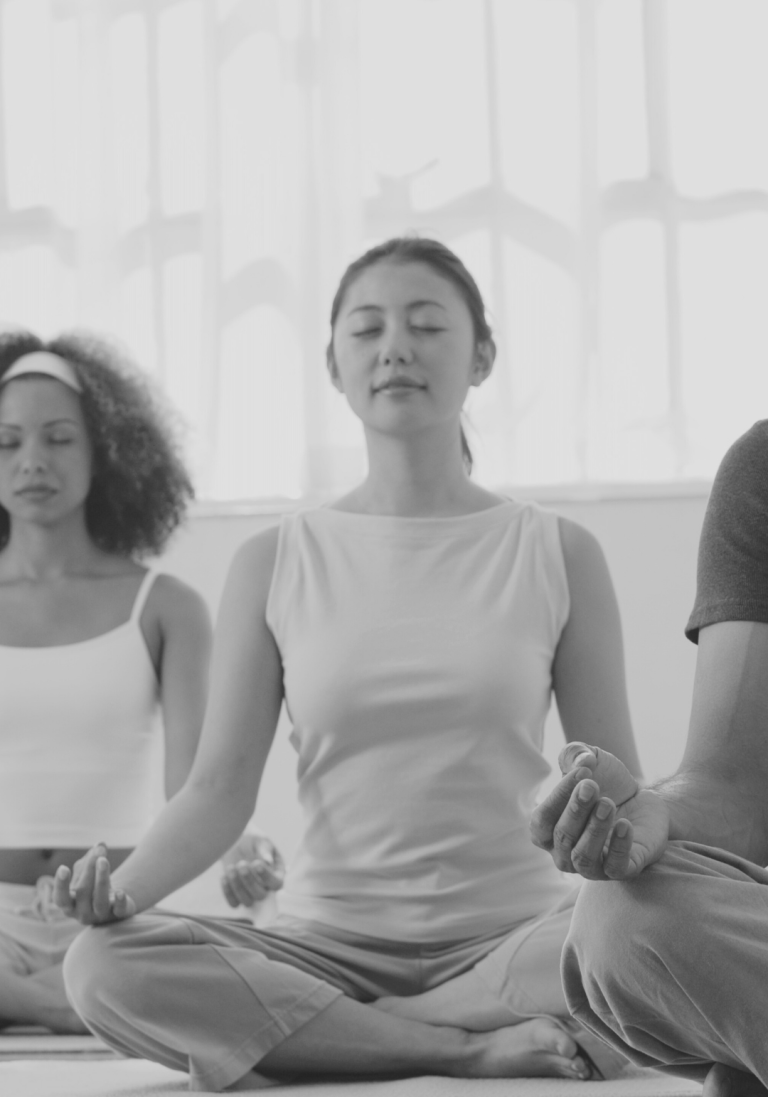 Gruppensitzung mit Menschen in Meditationshaltung, Fokus auf Entspannung und Achtsamkeit.